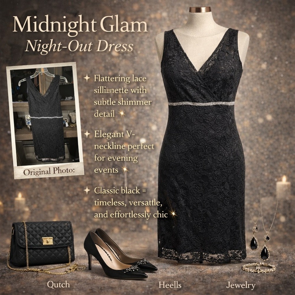 MIDNIGHT GLAMBL SHIMMER night out Lace‎ V-Neck Sheath Dress Figure flattering M